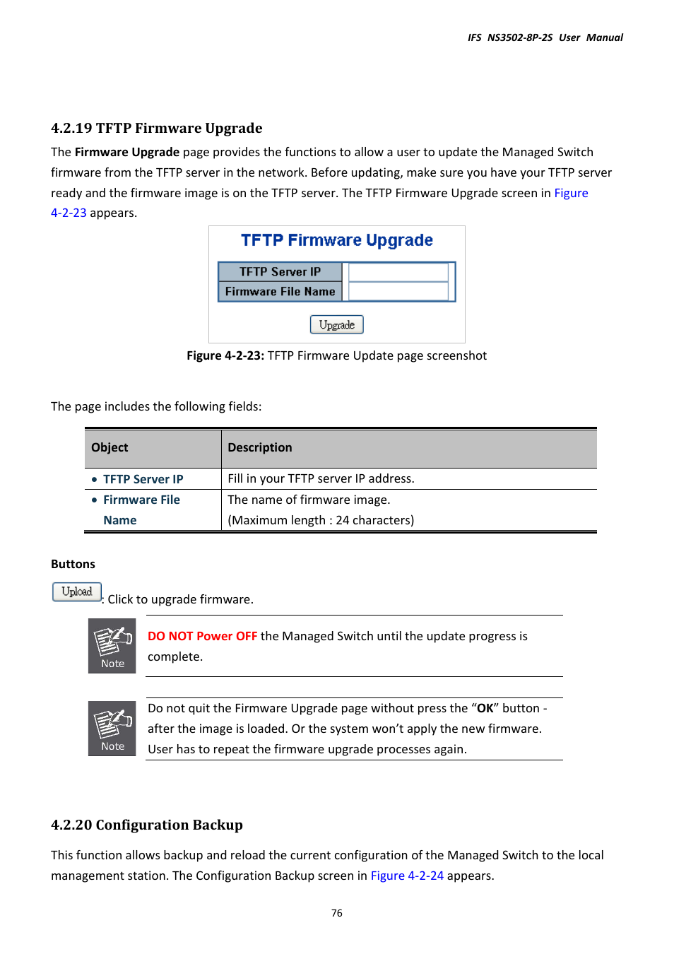 19 tftp firmware upgrade, 20 configuration backup | Interlogix NS3502-8P-2S User Manual User Manual | Page 76 / 568