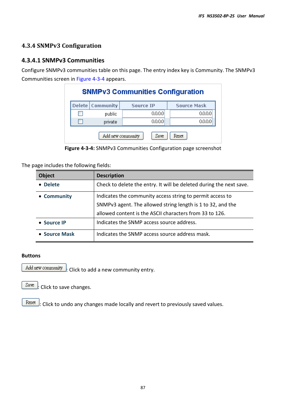 4 snmpv3 configuration, 1 snmpv3 communities | Interlogix NS3502-8P-2S User Manual User Manual | Page 87 / 568