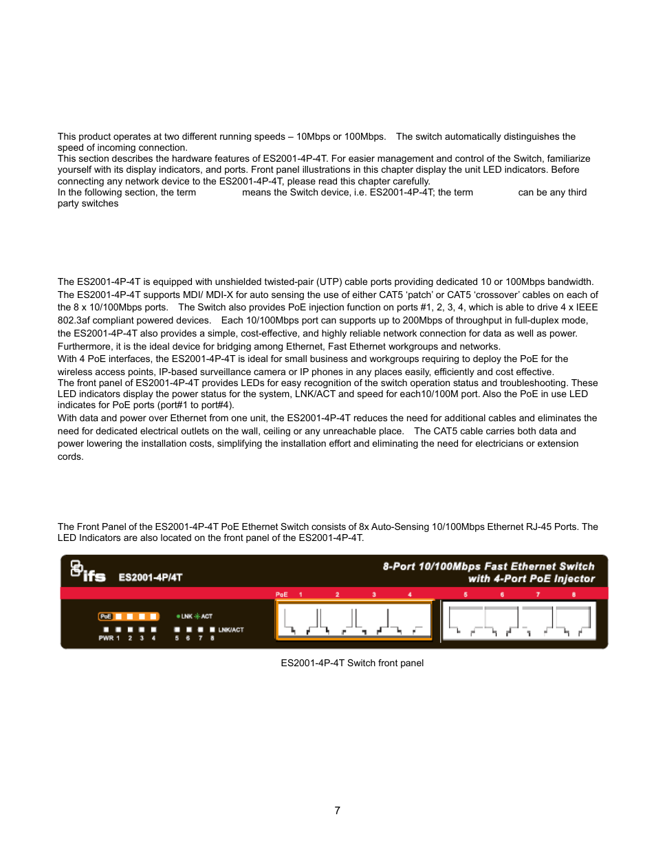 Hardware description, 1 product description, 2 front panel | Interlogix ES2001-4P-4T User Manual | Page 7 / 23