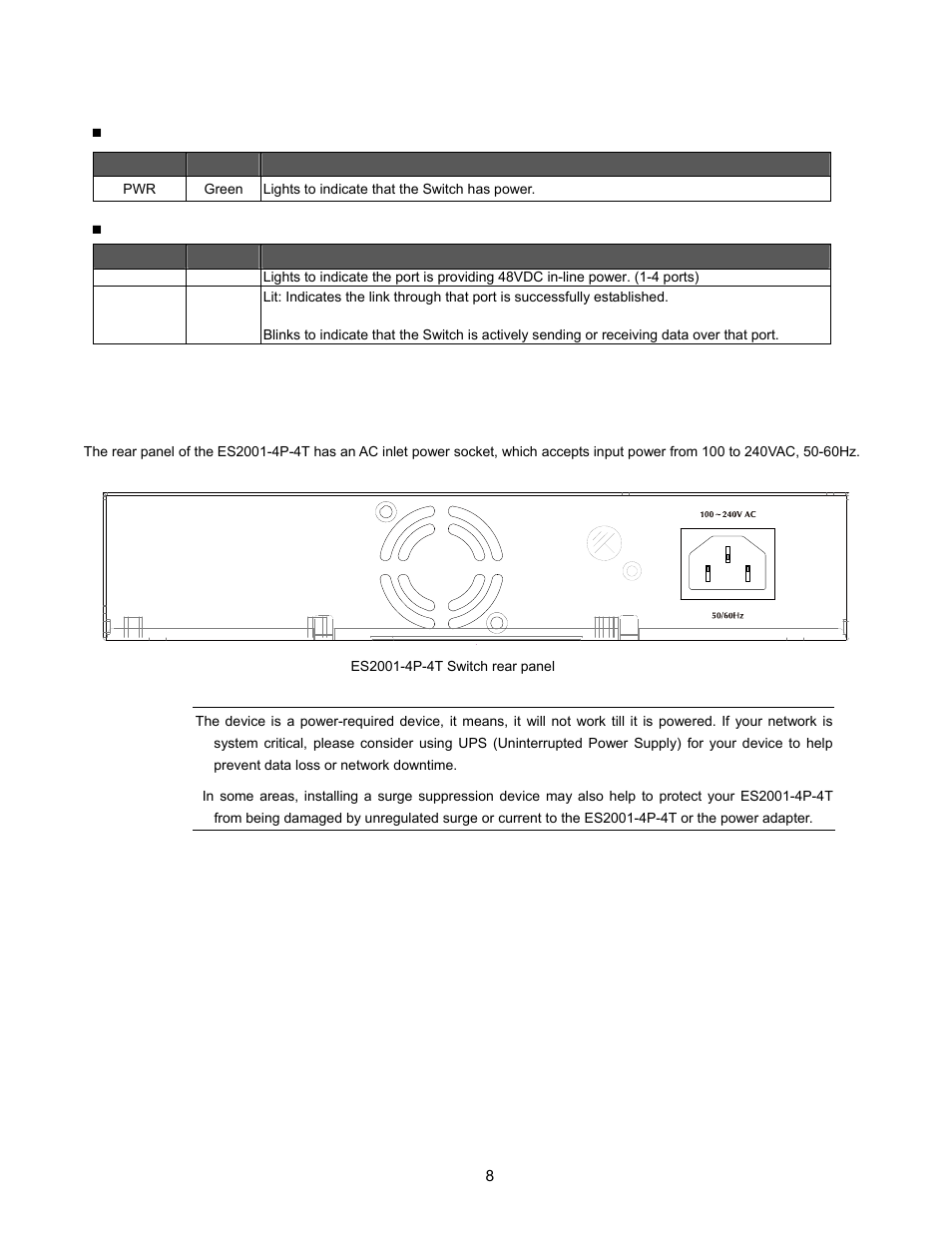 1 led indicators, 3 rear panel | Interlogix ES2001-4P-4T User Manual | Page 8 / 23