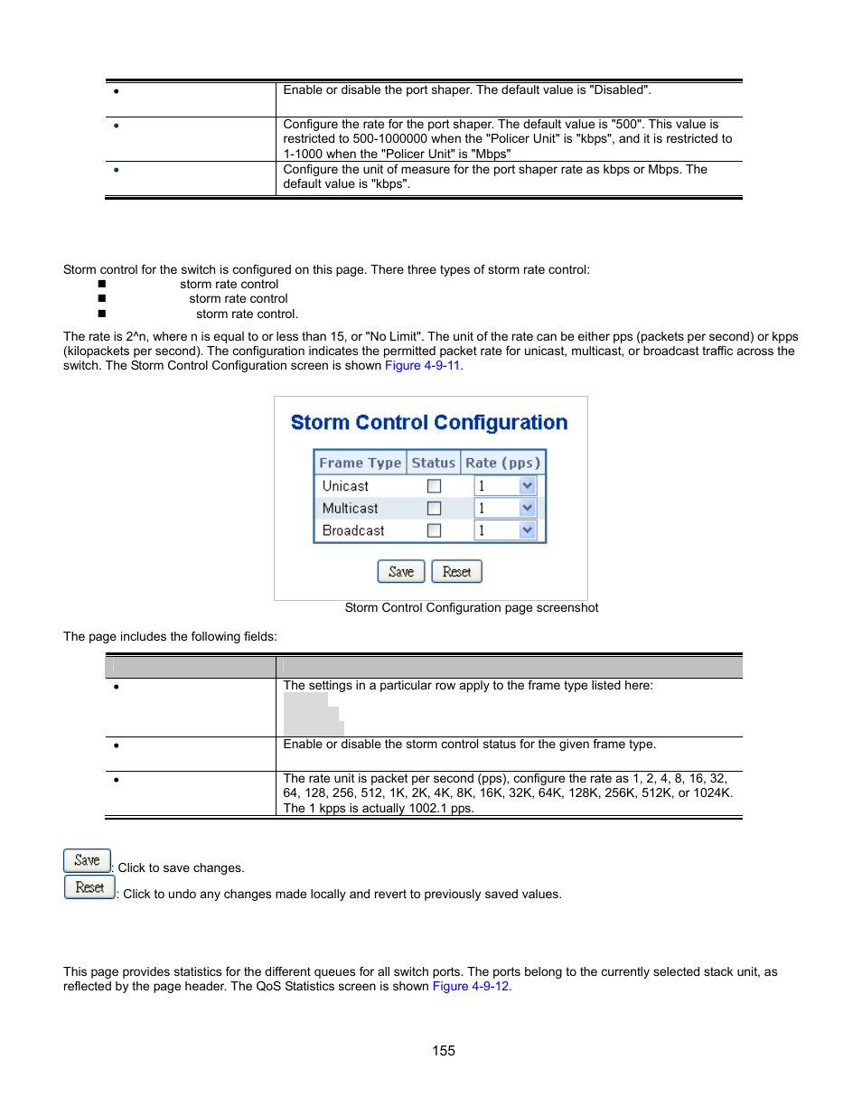 Storm control configuration, Qos statistics | Interlogix GE-DSSG-244-POE User Manual User Manual | Page 157 / 412