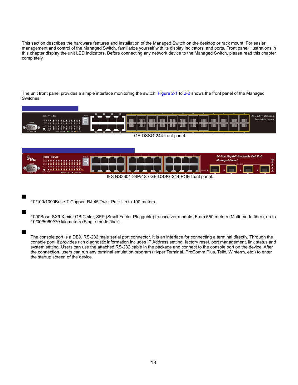 Installation, Hardware description, Switch front panel | Introduction, Snmp trap configuration, Storm control configuration, Ping, Power over ethernet over | Interlogix GE-DSSG-244-POE User Manual User Manual | Page 20 / 412