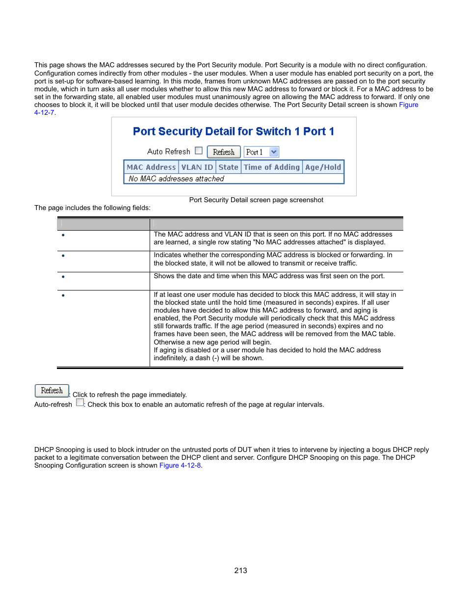 Port security detail, Dhcp snooping | Interlogix GE-DSSG-244-POE User Manual User Manual | Page 215 / 412