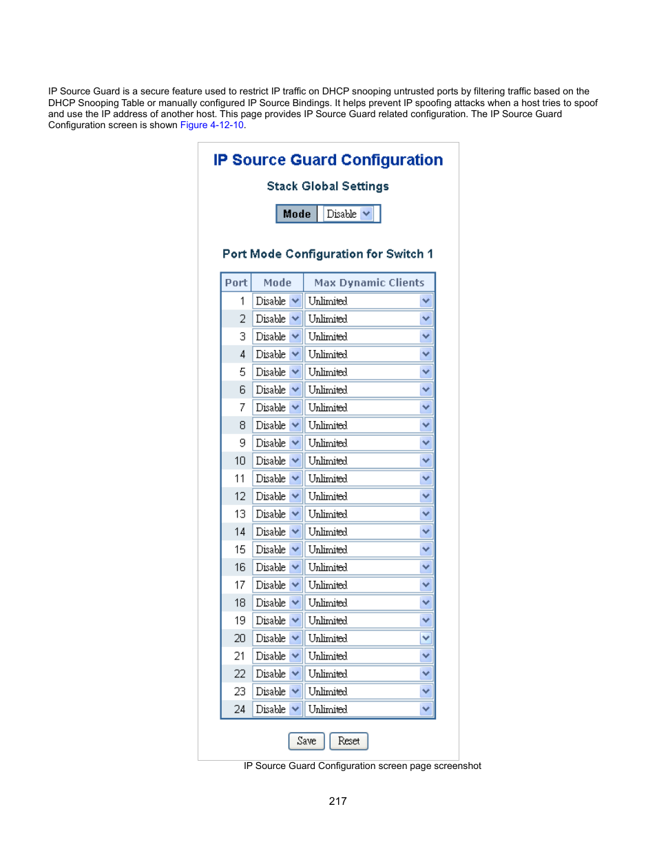 Ip source guard configuration | Interlogix GE-DSSG-244-POE User Manual User Manual | Page 219 / 412