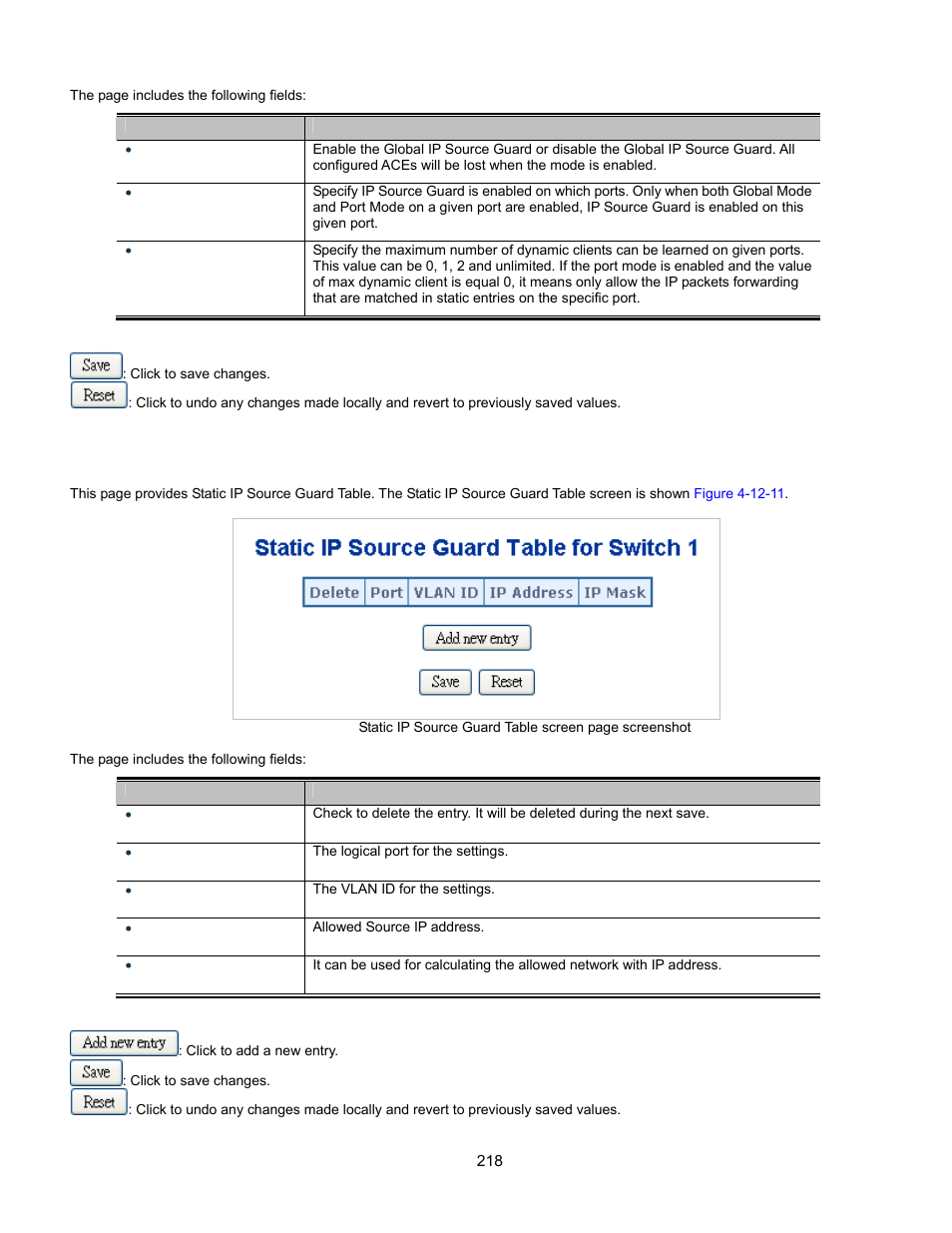 Ip source guard static table | Interlogix GE-DSSG-244-POE User Manual User Manual | Page 220 / 412