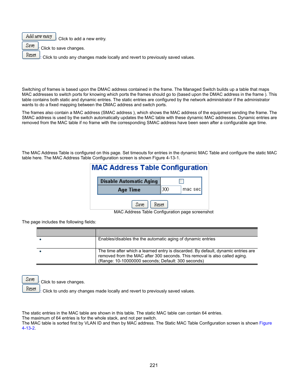 Address table, Mac address table configuration, Static mac table configuration | Interlogix GE-DSSG-244-POE User Manual User Manual | Page 223 / 412