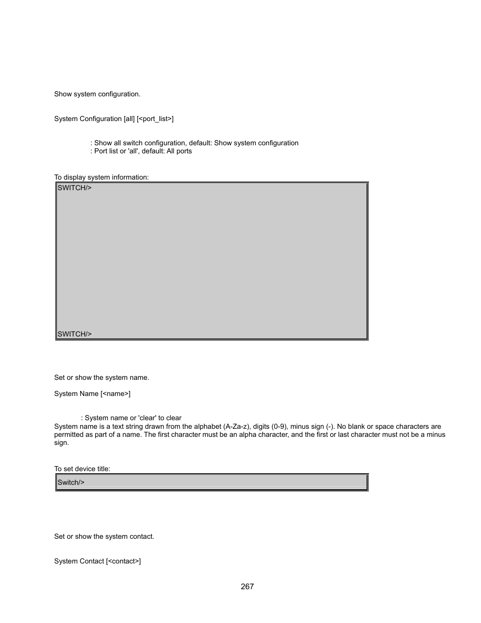 System command, System configuration, System name | System contact | Interlogix GE-DSSG-244-POE User Manual User Manual | Page 269 / 412