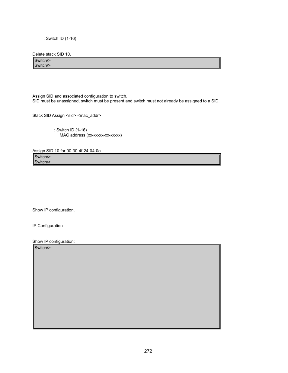 Stack sid assign, Ip command, Ip configuration | Interlogix GE-DSSG-244-POE User Manual User Manual | Page 274 / 412