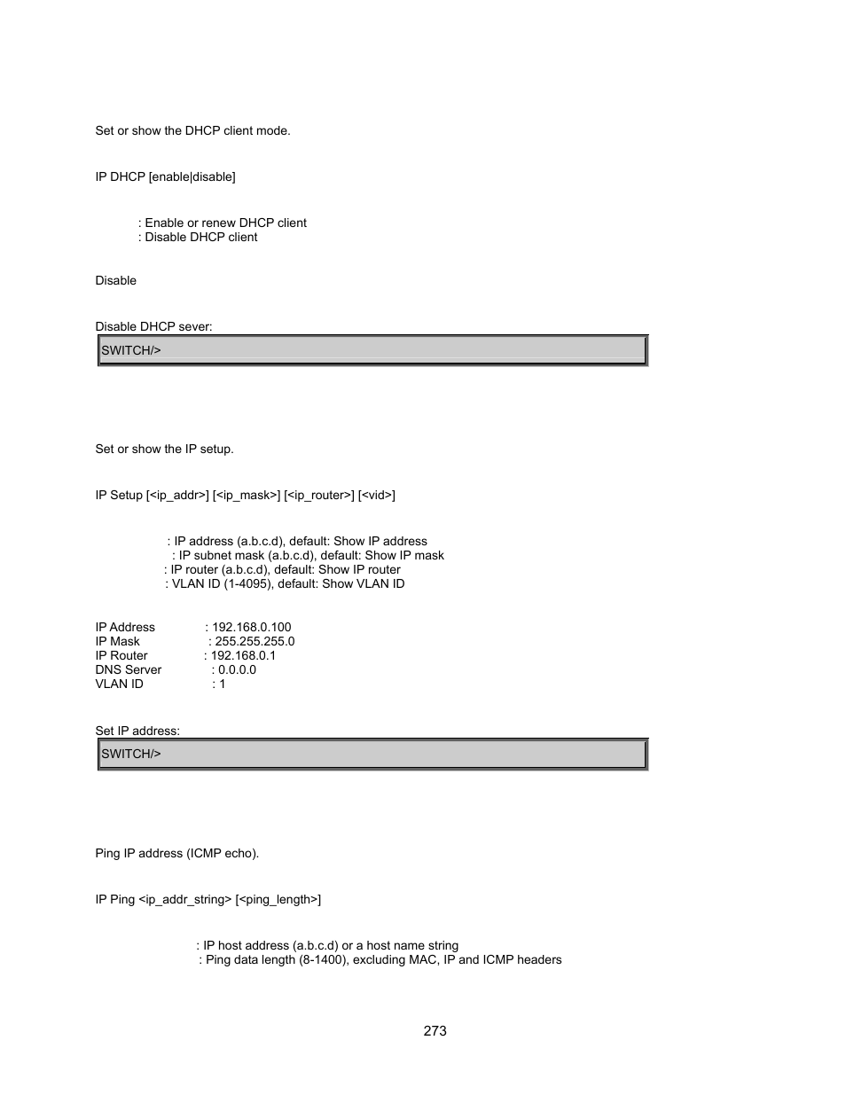 Ip dhcp, Ip setup, Ip ping | Interlogix GE-DSSG-244-POE User Manual User Manual | Page 275 / 412