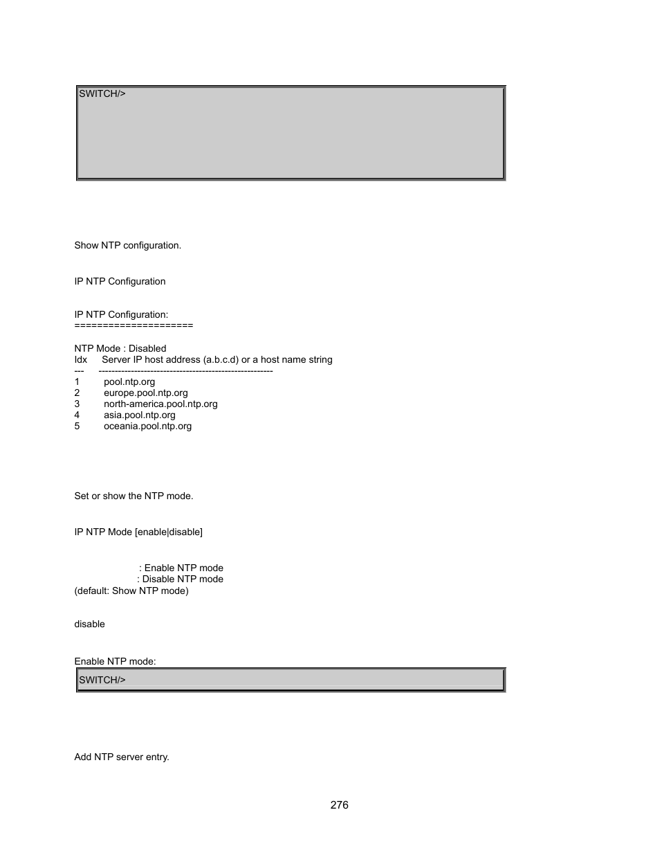 Ip ntp configuration, Ip ntp mode, Ip ntp server add | Interlogix GE-DSSG-244-POE User Manual User Manual | Page 278 / 412