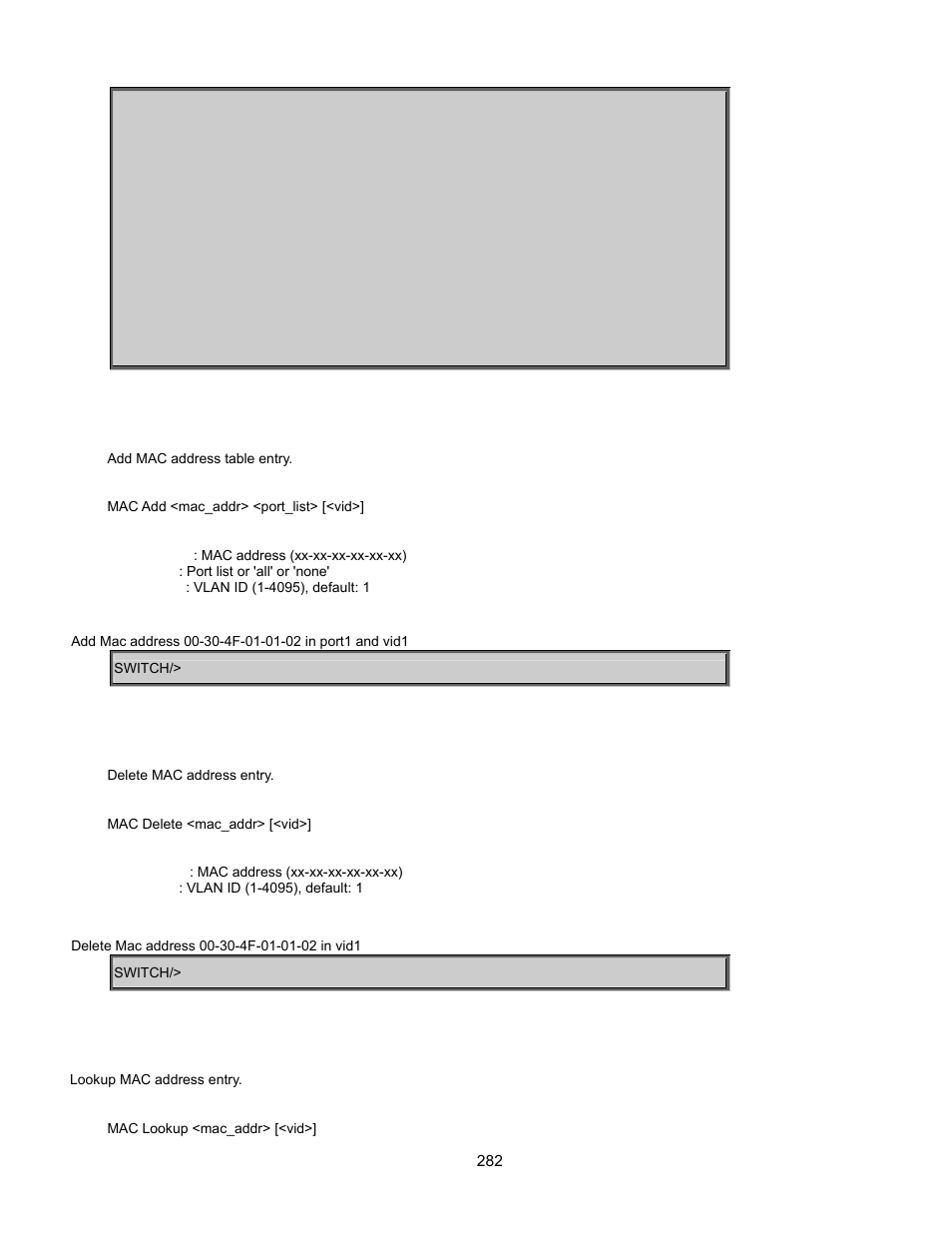 Mac add, Mac delete, Mac lookup | Interlogix GE-DSSG-244-POE User Manual User Manual | Page 284 / 412