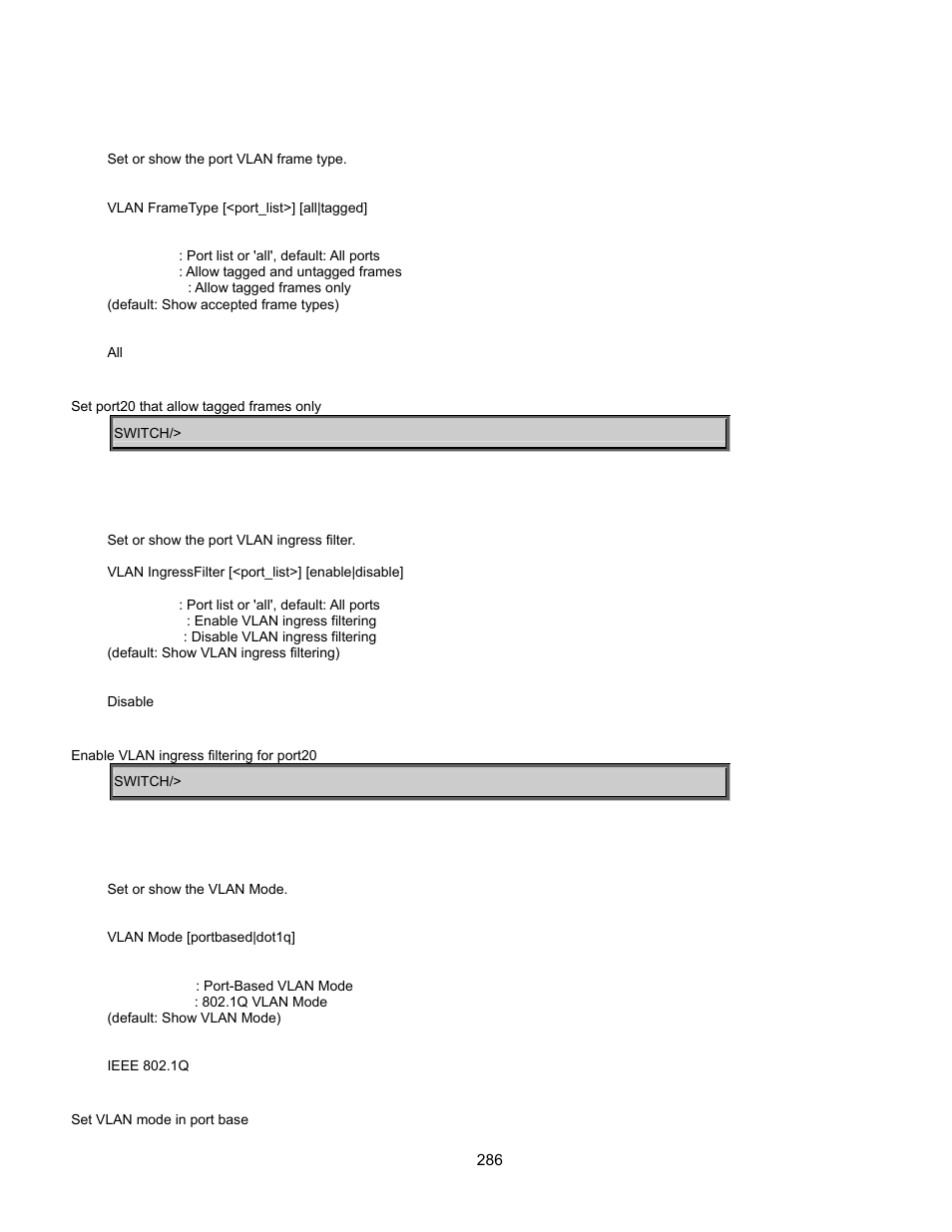 Vlan frame type, Vlan ingress filter, Vlan mode | Interlogix GE-DSSG-244-POE User Manual User Manual | Page 288 / 412