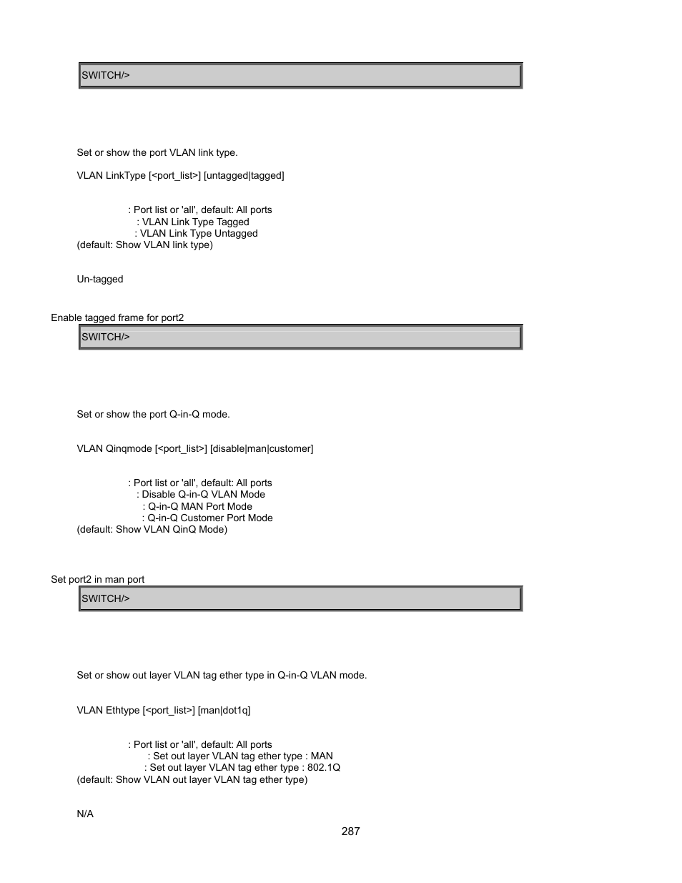 Vlan link type, Vlan q-in-q mode, Vlan ethernet type | Interlogix GE-DSSG-244-POE User Manual User Manual | Page 289 / 412