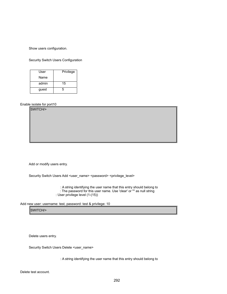 Security command, Security switch user configuration, Security switch user add | Security switch user delete | Interlogix GE-DSSG-244-POE User Manual User Manual | Page 294 / 412