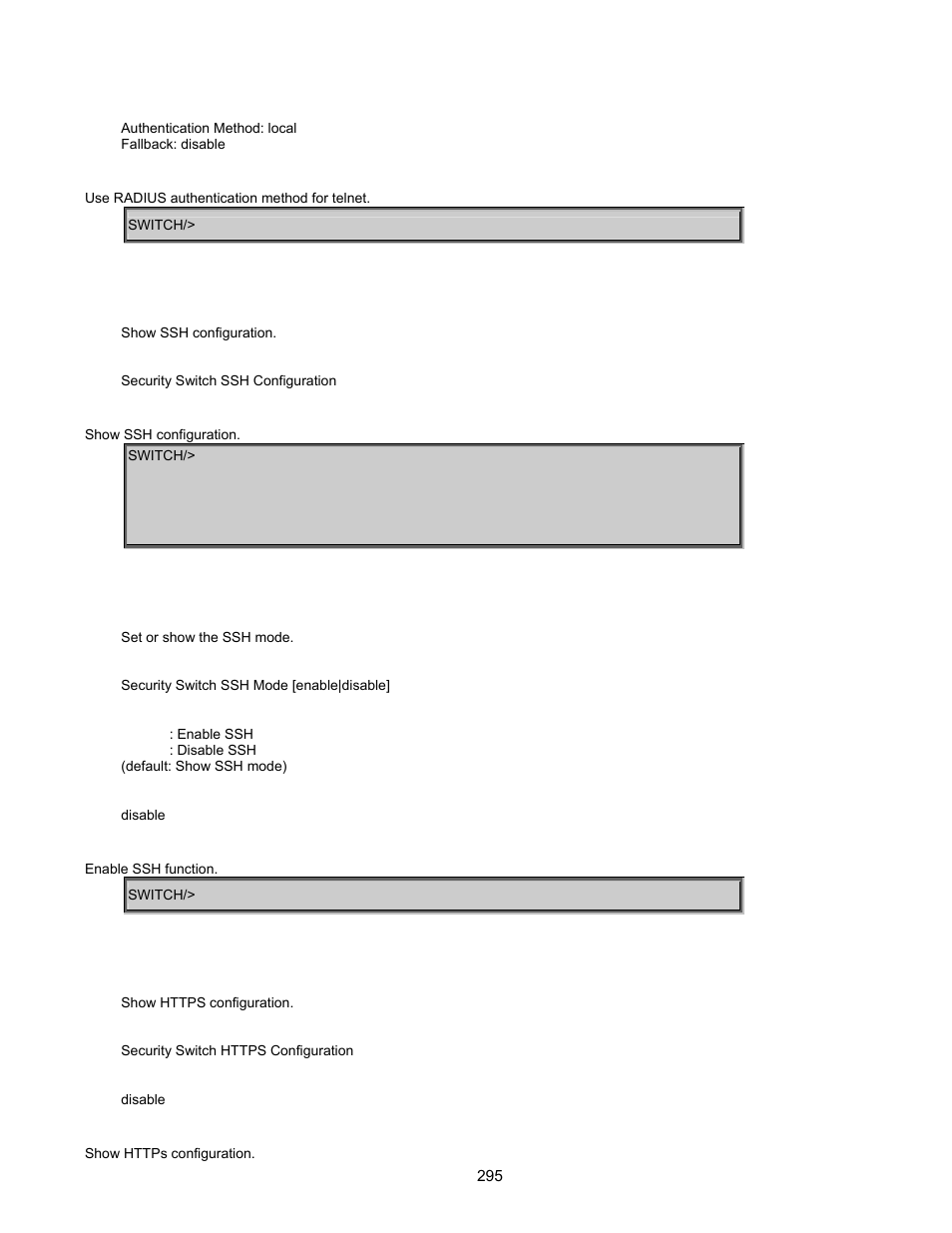 Security switch ssh configuration, Security switch ssh mode, Security switch https configuration | Interlogix GE-DSSG-244-POE User Manual User Manual | Page 297 / 412