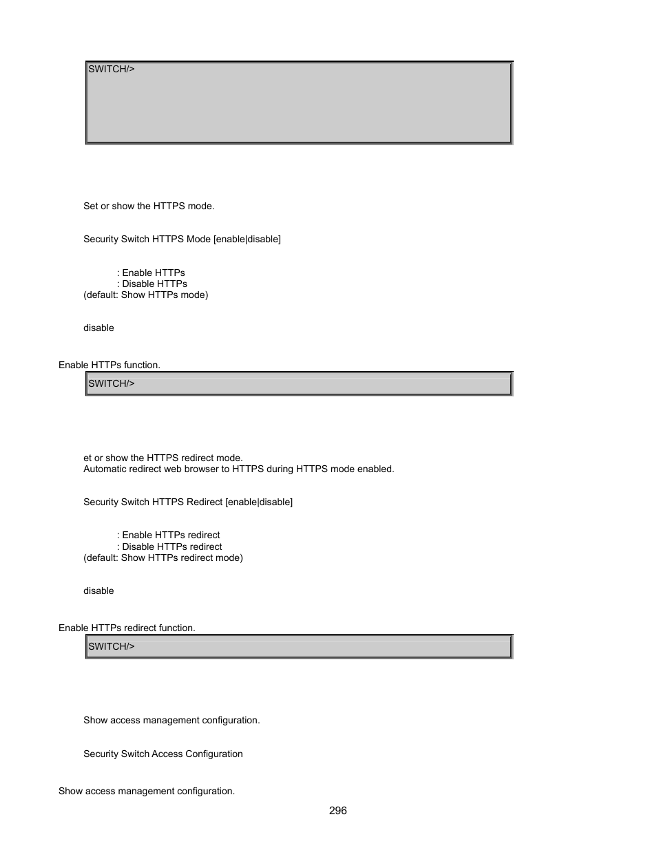 Security switch https mode, Security switch https redirect, Security switch access configuration | Interlogix GE-DSSG-244-POE User Manual User Manual | Page 298 / 412