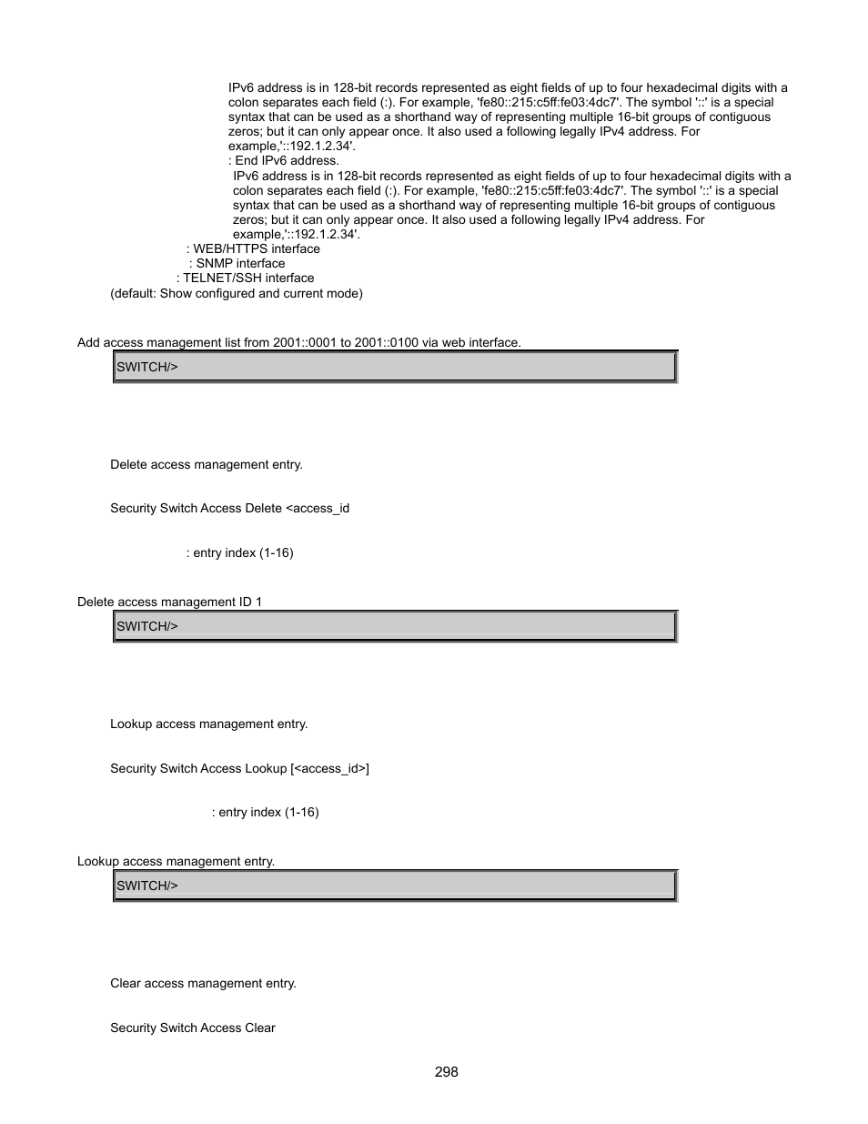Security switch access delete, Security switch access lookup, Security switch access clear | Interlogix GE-DSSG-244-POE User Manual User Manual | Page 300 / 412