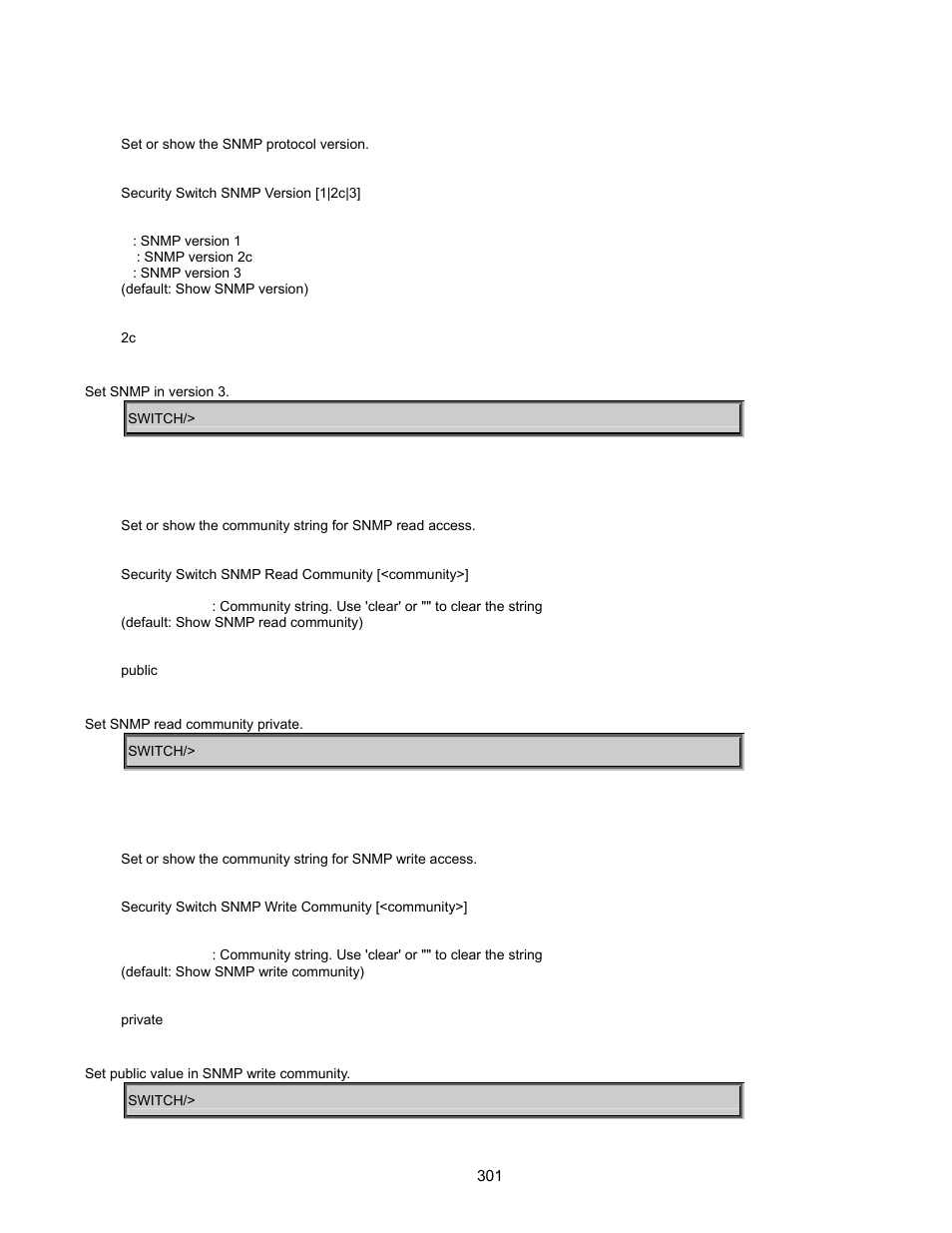 Security switch snmp version, Security switch snmp read community, Security switch snmp write community | Interlogix GE-DSSG-244-POE User Manual User Manual | Page 303 / 412