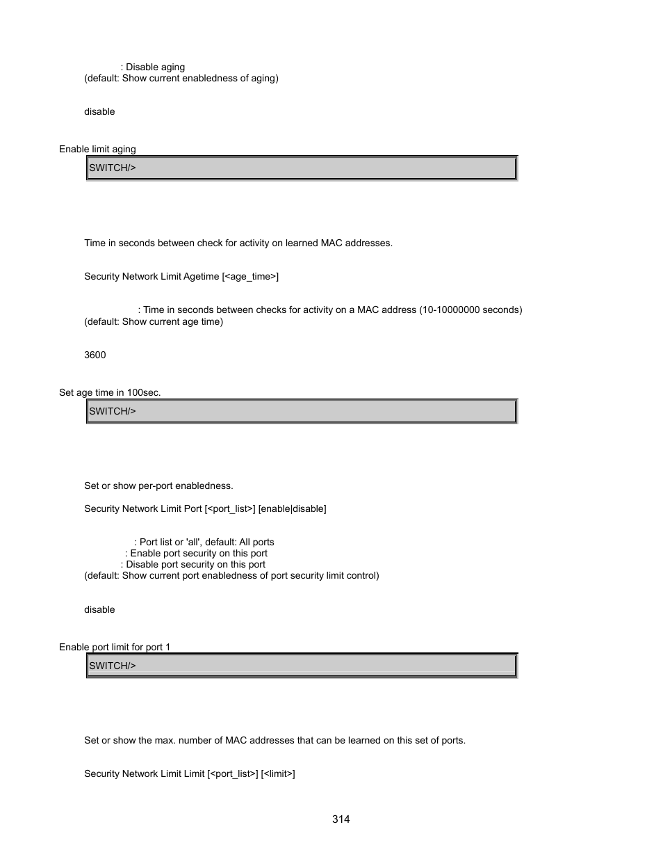 Security network limit agetime, Security network limit port, Security network limit limit | Interlogix GE-DSSG-244-POE User Manual User Manual | Page 316 / 412