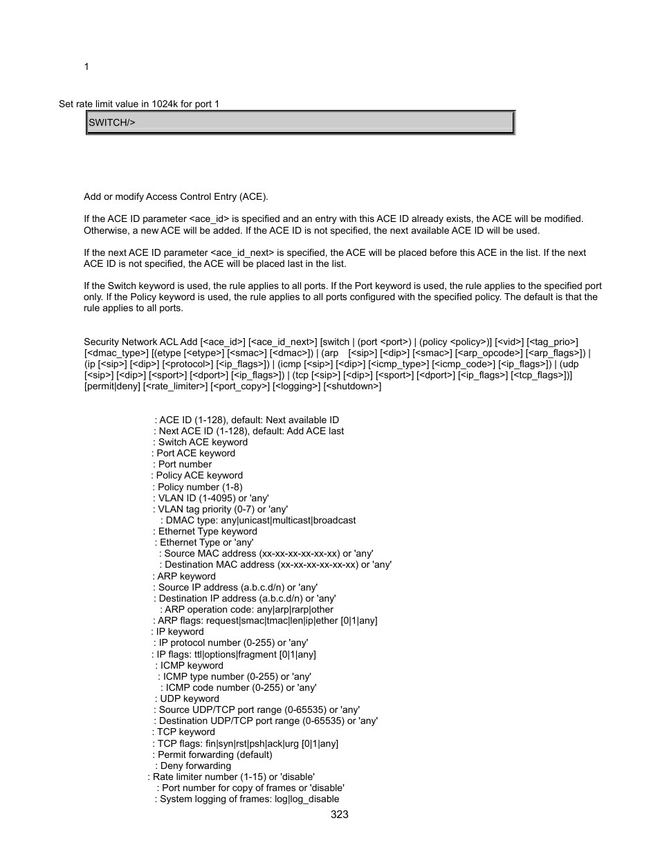 Security network acl add | Interlogix GE-DSSG-244-POE User Manual User Manual | Page 325 / 412