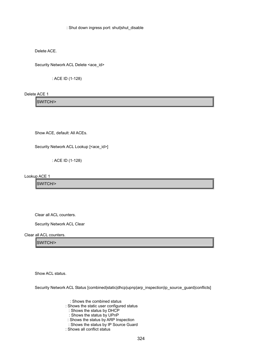 Security network acl delete, Security network acl lookup, Security network acl clear | Security network acl status | Interlogix GE-DSSG-244-POE User Manual User Manual | Page 326 / 412