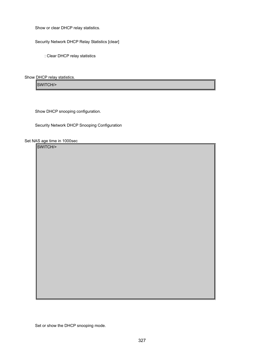 Security network dhcp snooping configuration, Security network dhcp snooping mode | Interlogix GE-DSSG-244-POE User Manual User Manual | Page 329 / 412