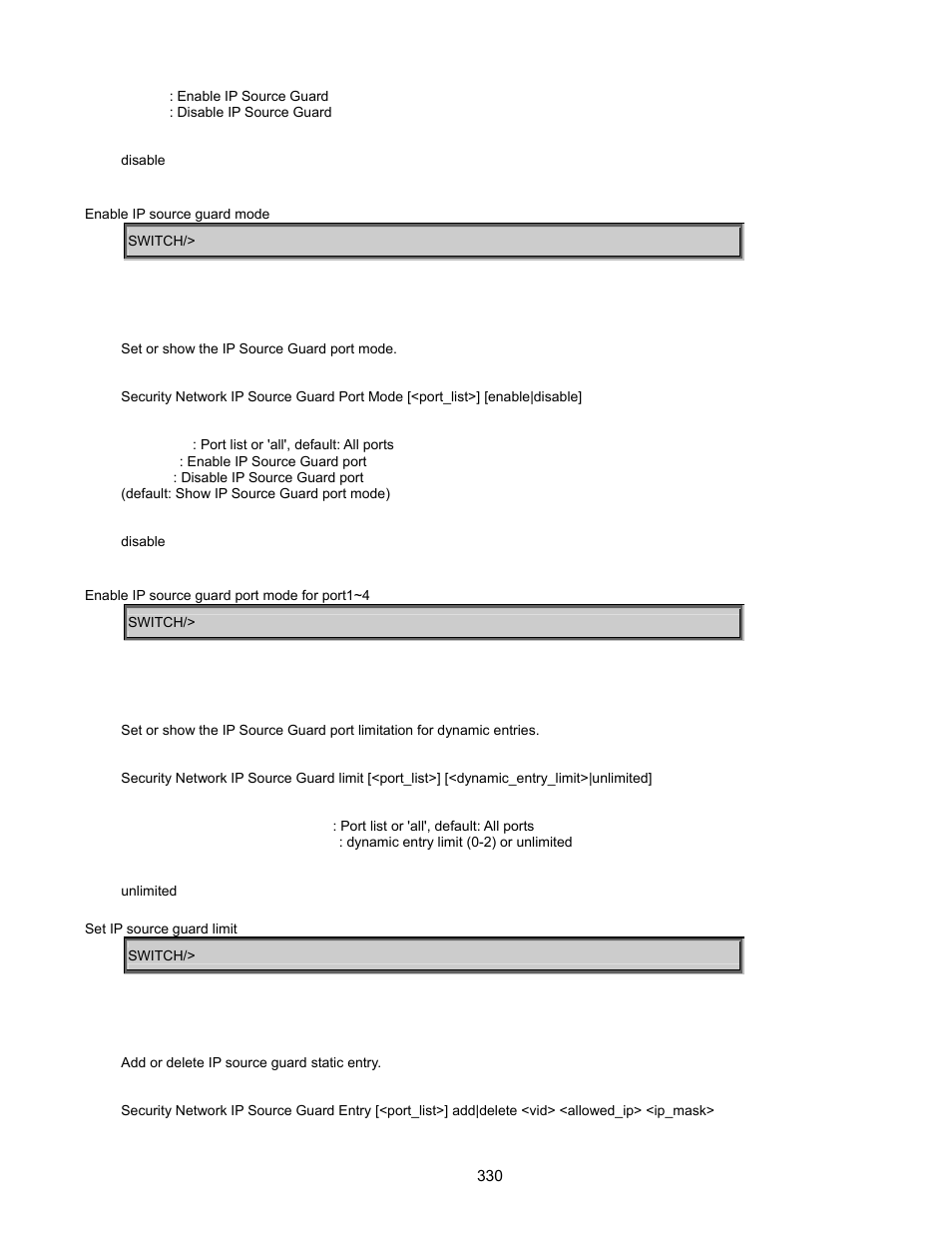 Security network ip source guard port mode, Security network ip source guard limit, Security network ip source guard entry | Interlogix GE-DSSG-244-POE User Manual User Manual | Page 332 / 412