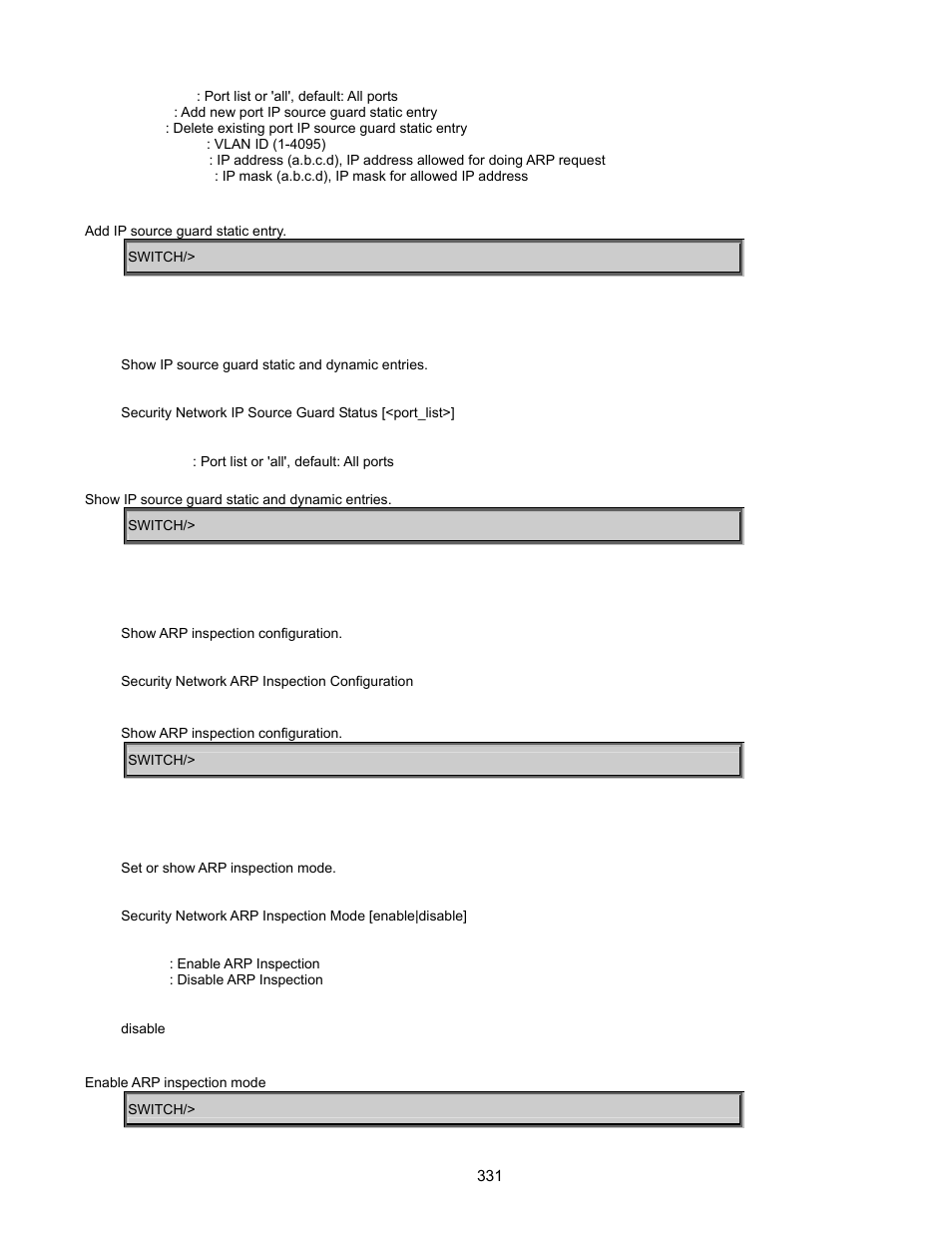Security network ip source guard status, Security network arp inspection configuration, Security network arp inspection mode | Interlogix GE-DSSG-244-POE User Manual User Manual | Page 333 / 412