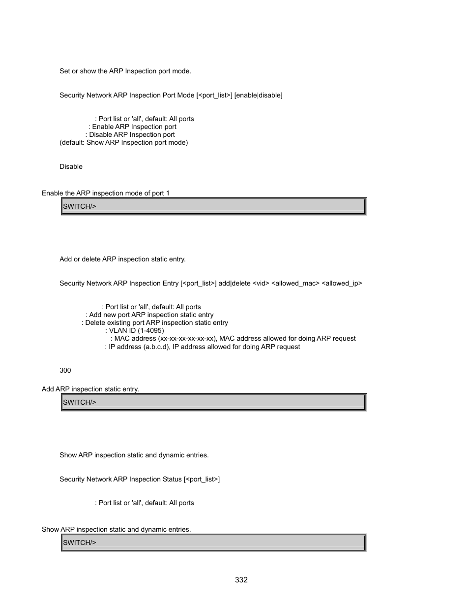 Security network arp inspection port mode, Security network arp inspection entry, Security network arp inspection status | Interlogix GE-DSSG-244-POE User Manual User Manual | Page 334 / 412