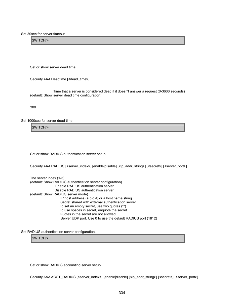 Security aaa deadtime, Security aaa radius, Security aaa acct_radius | Interlogix GE-DSSG-244-POE User Manual User Manual | Page 336 / 412