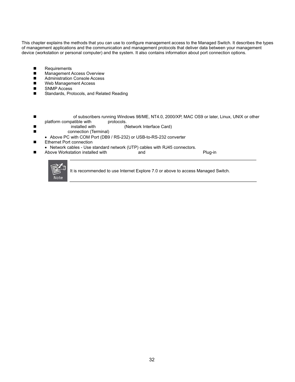 Switch management, Requirements, Installation | Sfp module information, Access control, Power configuration, Start-up | Interlogix GE-DSSG-244-POE User Manual User Manual | Page 34 / 412