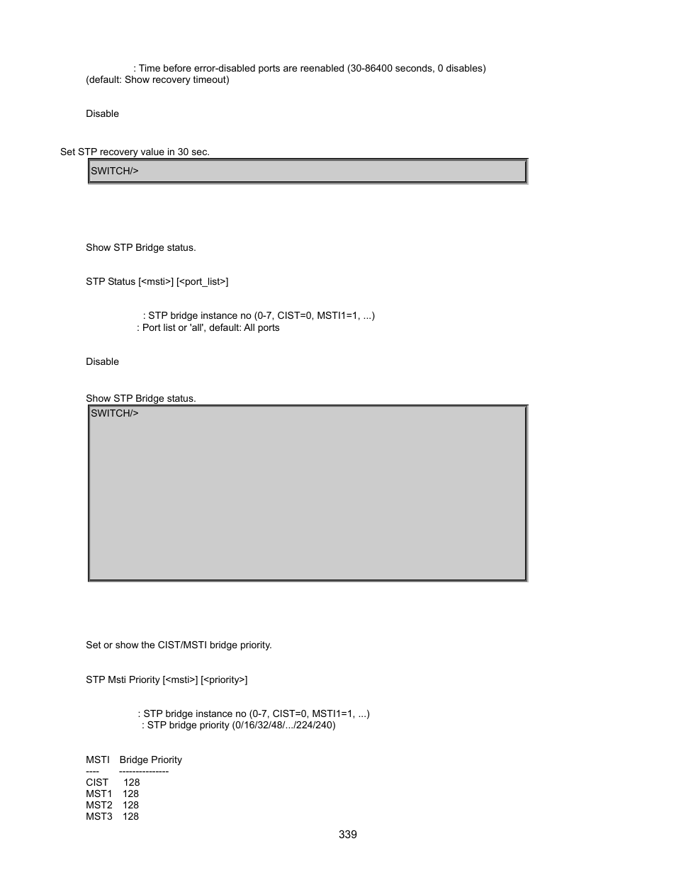 Stp status, Stp msti priority | Interlogix GE-DSSG-244-POE User Manual User Manual | Page 341 / 412