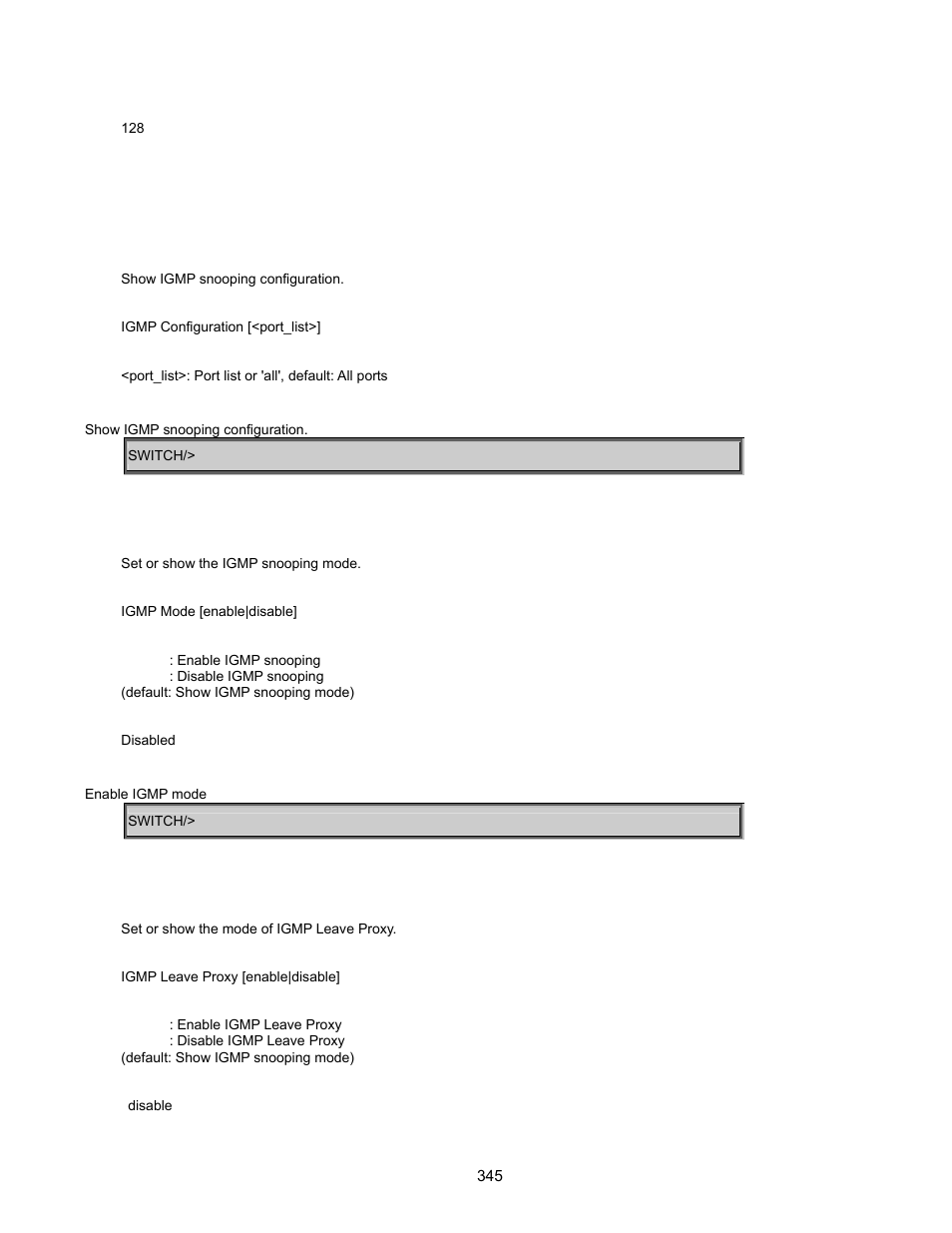 Multicast configuration command, Igmp configuration, Igmp mode | Igmp leave proxy | Interlogix GE-DSSG-244-POE User Manual User Manual | Page 347 / 412