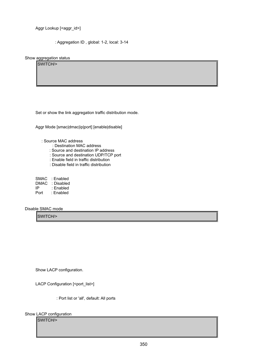 Aggregation mode, Link aggregation control protocol command, Lacp configuration | Interlogix GE-DSSG-244-POE User Manual User Manual | Page 352 / 412