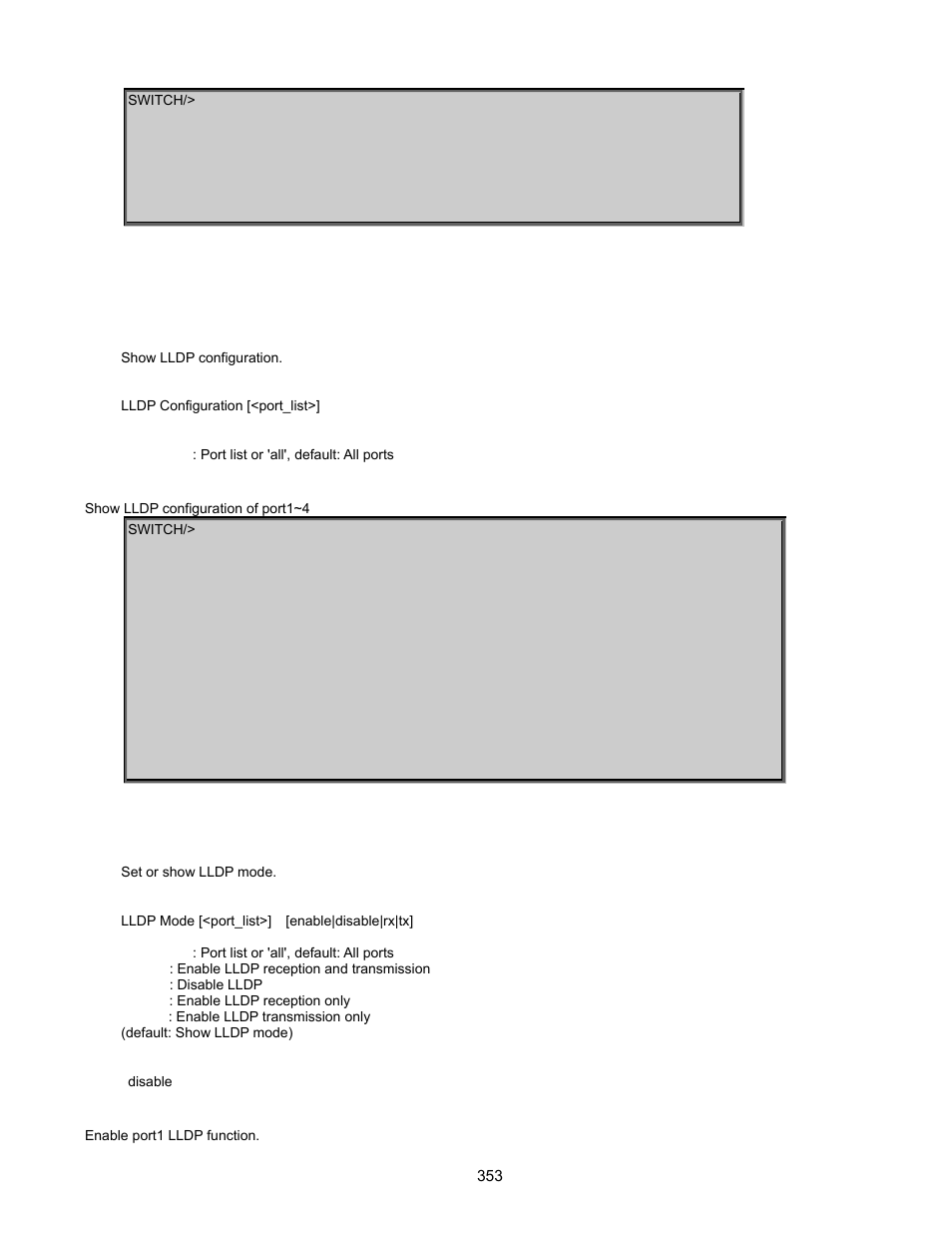 Lldp command, Lldp configuration, Lldp mode | Interlogix GE-DSSG-244-POE User Manual User Manual | Page 355 / 412