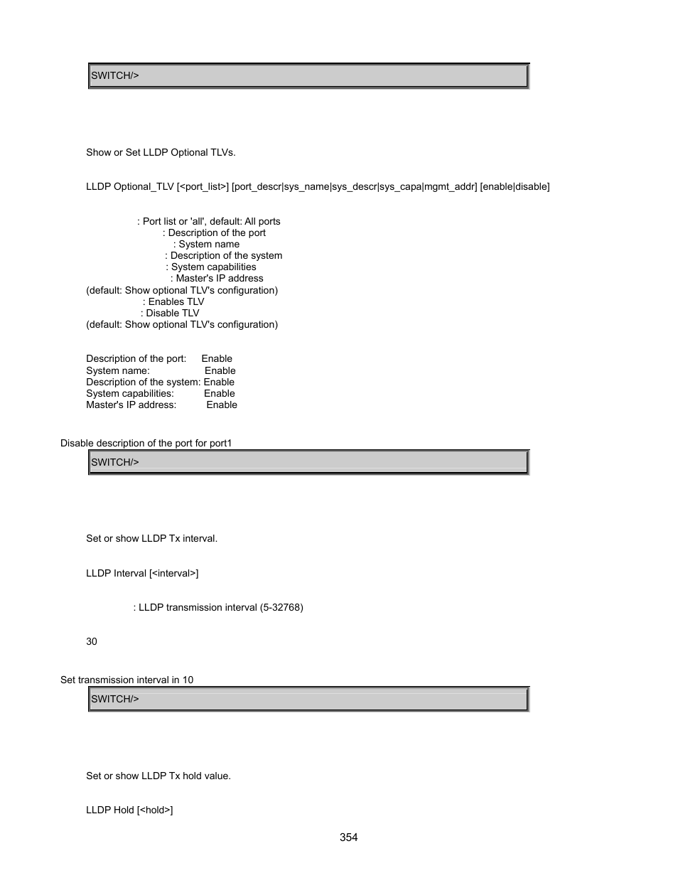 Lldp optional tlv, Lldp interval, Lldp hold | Interlogix GE-DSSG-244-POE User Manual User Manual | Page 356 / 412