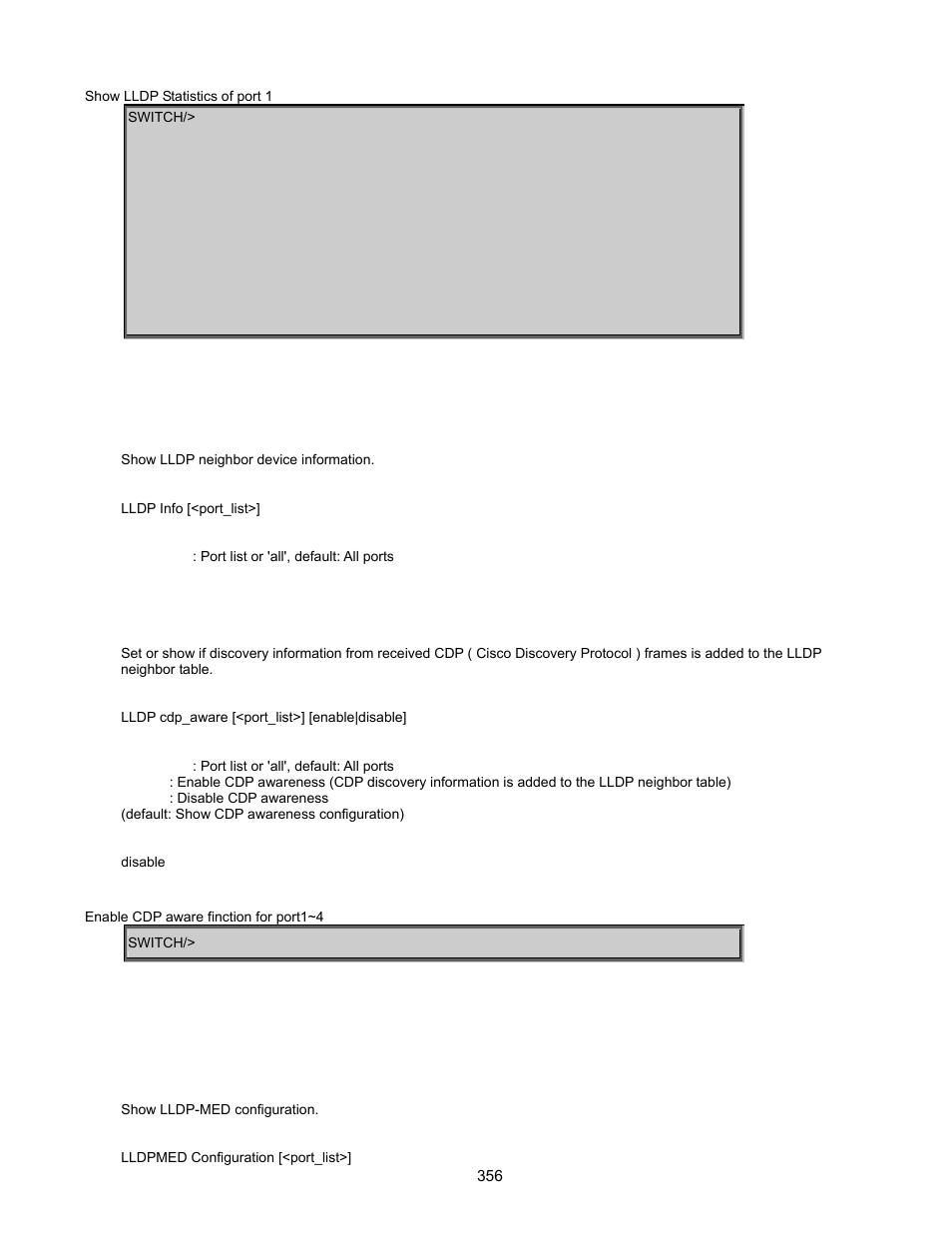 Lldp info, Lldp cdp aware, Lldpmed command | Lldpmed configuration | Interlogix GE-DSSG-244-POE User Manual User Manual | Page 358 / 412