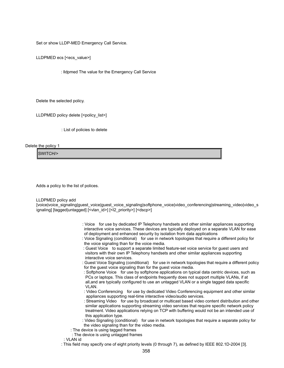 Lldpmed ecs, Lldpmed policy delete, Lldpmed policy add | Interlogix GE-DSSG-244-POE User Manual User Manual | Page 360 / 412