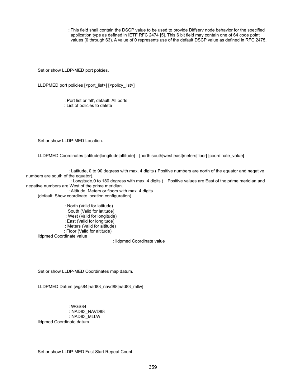 Lldpmed port policy, Lldpmed coordinates, Lldpmed datum | Lldpmed fast | Interlogix GE-DSSG-244-POE User Manual User Manual | Page 361 / 412