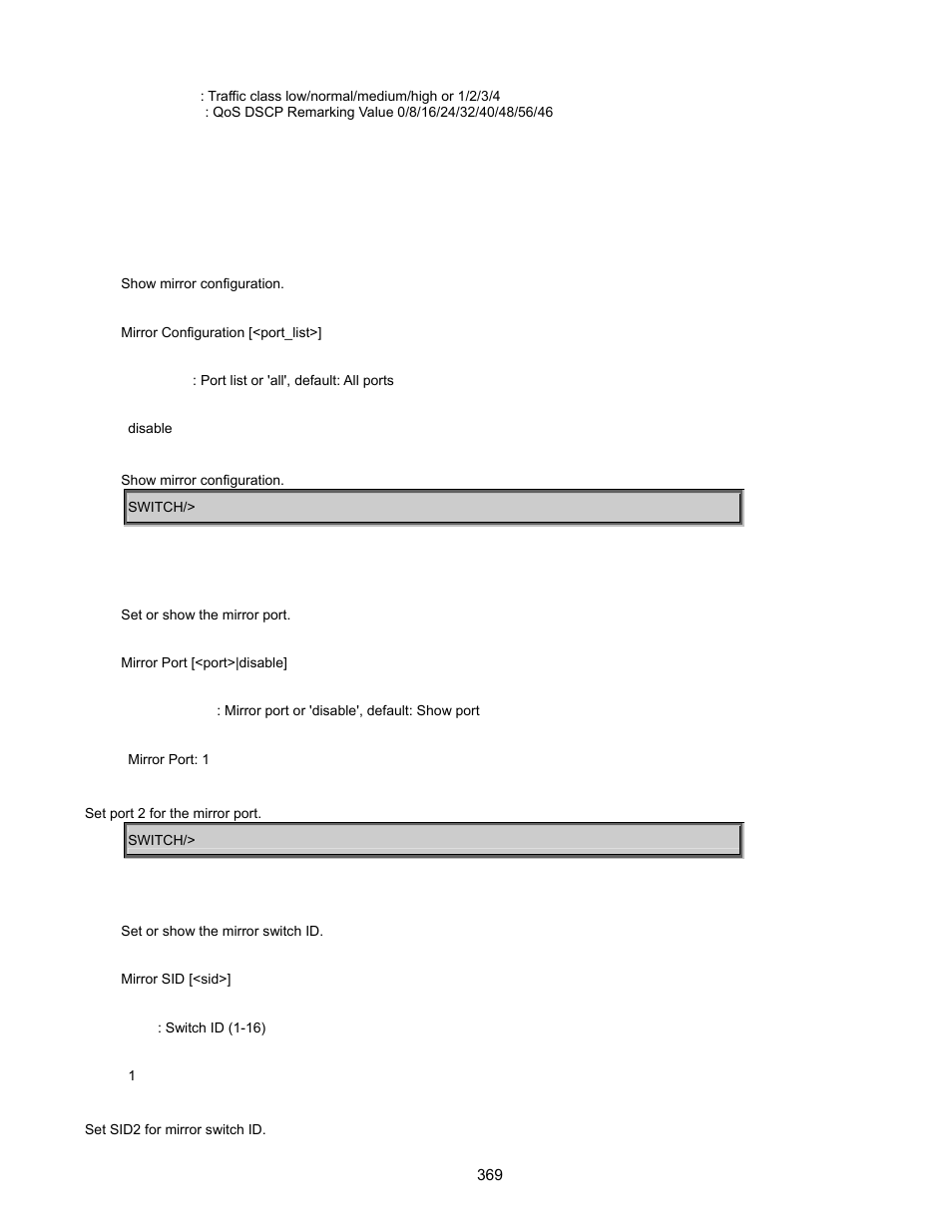 Mirror command, Mirror configuration, Mirror port | Mirror sid | Interlogix GE-DSSG-244-POE User Manual User Manual | Page 371 / 412