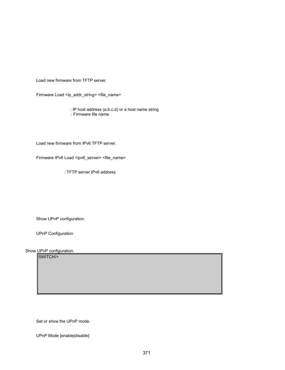 Firmware command, Firmware load, Firmware ipv6 load | Upnp command, Upnp configuration, Upnp mode | Interlogix GE-DSSG-244-POE User Manual User Manual | Page 373 / 412