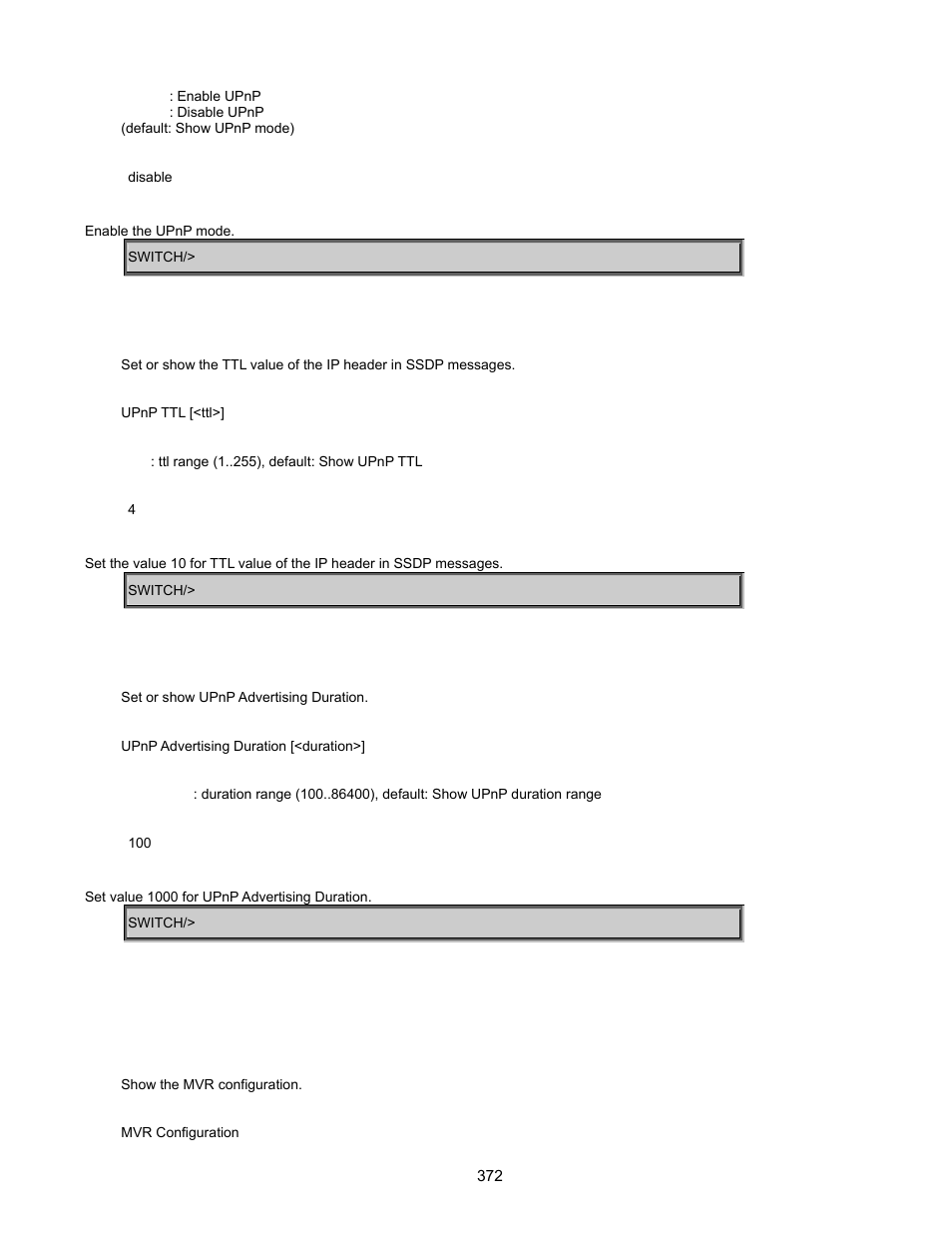 Upnp ttl, Upnp advertising duration, Mvr command | Mvr configuration | Interlogix GE-DSSG-244-POE User Manual User Manual | Page 374 / 412