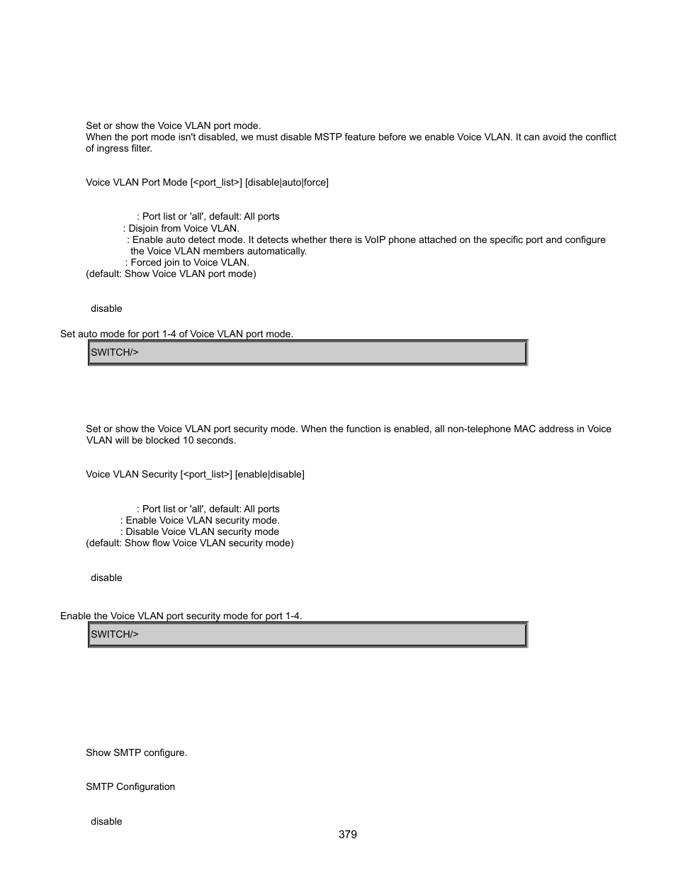 Voice vlan port mode, Voice vlan security, Smtp command | Smtp configuration | Interlogix GE-DSSG-244-POE User Manual User Manual | Page 381 / 412