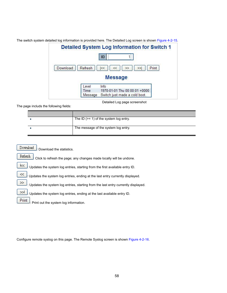 Detailed log, Remote syslog, Stack installation | Vlan overview, Network access statis, Stack example | Interlogix GE-DSSG-244-POE User Manual User Manual | Page 60 / 412