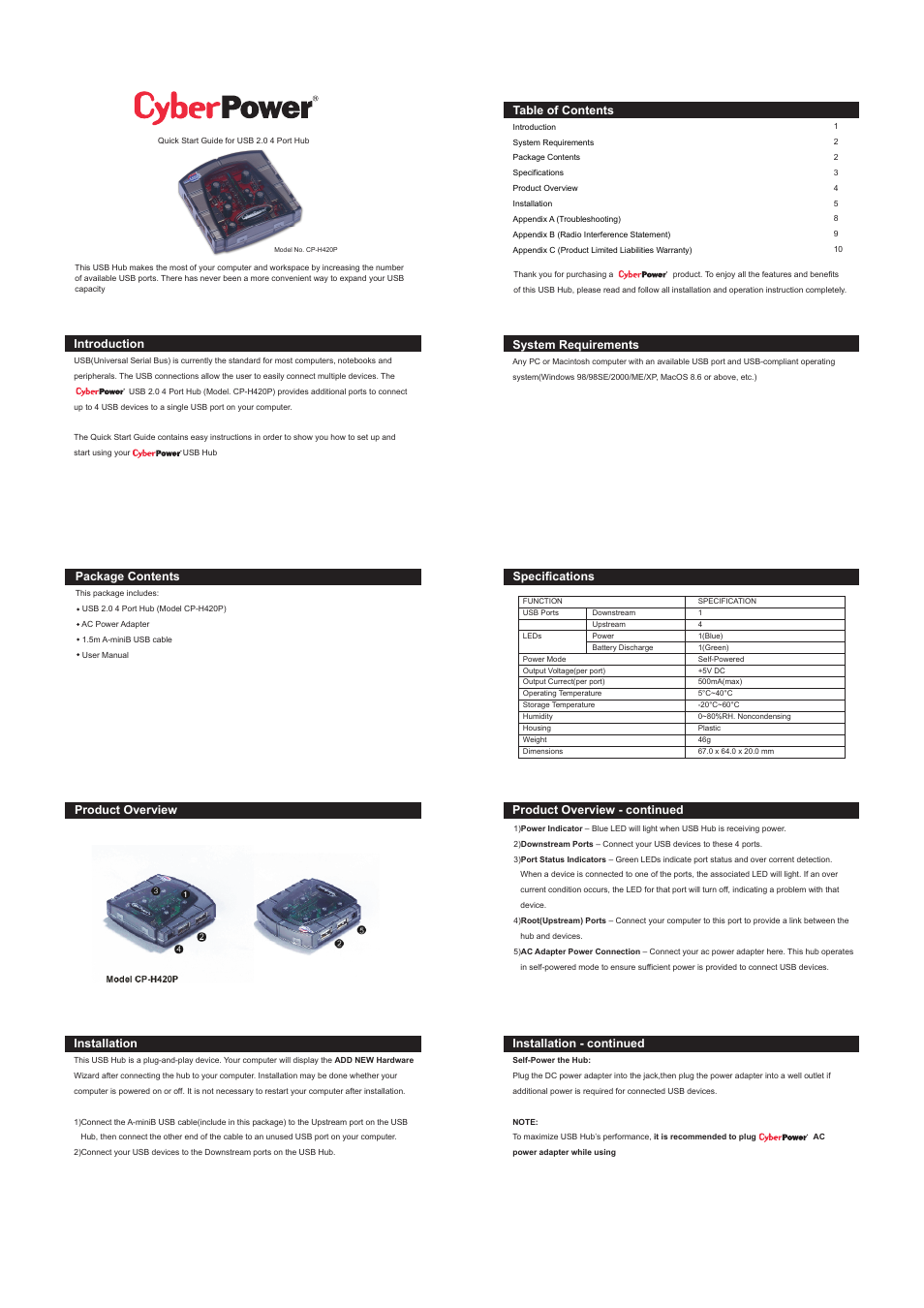 CyberPower Systems USB 2.0 4 Port Hub CP-H420M User Manual | 2 pages