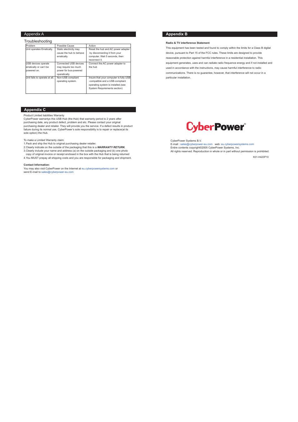 Appendix a troubleshooting, Appendix b, Appendix c | CyberPower Systems USB 2.0 4 Port Hub CP-H420M User Manual | Page 2 / 2