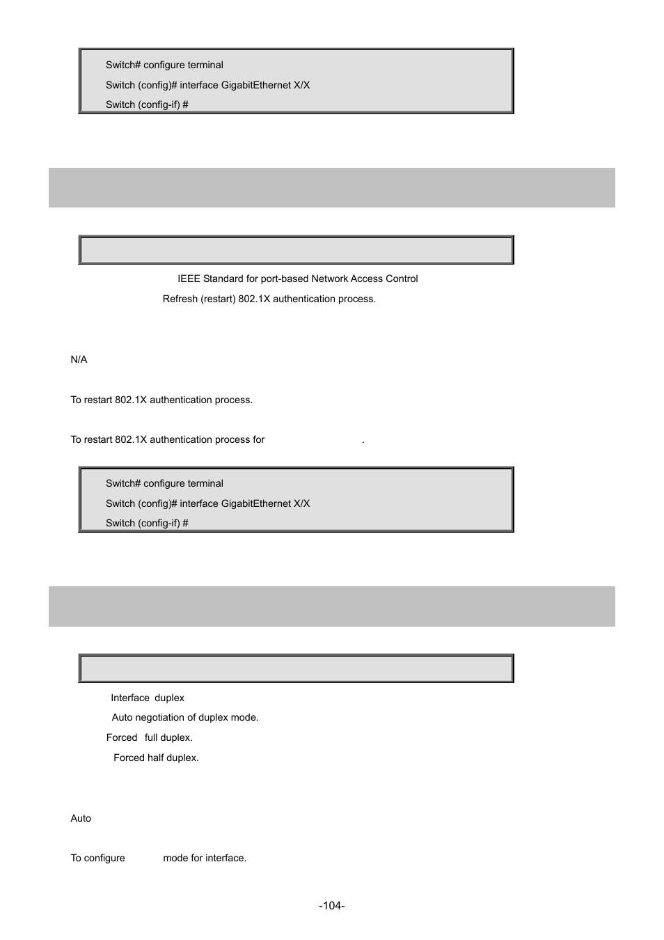 16 dot1x re-authenticate, 17 duplex | Interlogix NS4702-24P-4S-4X Command Line Guide User Manual | Page 104 / 434