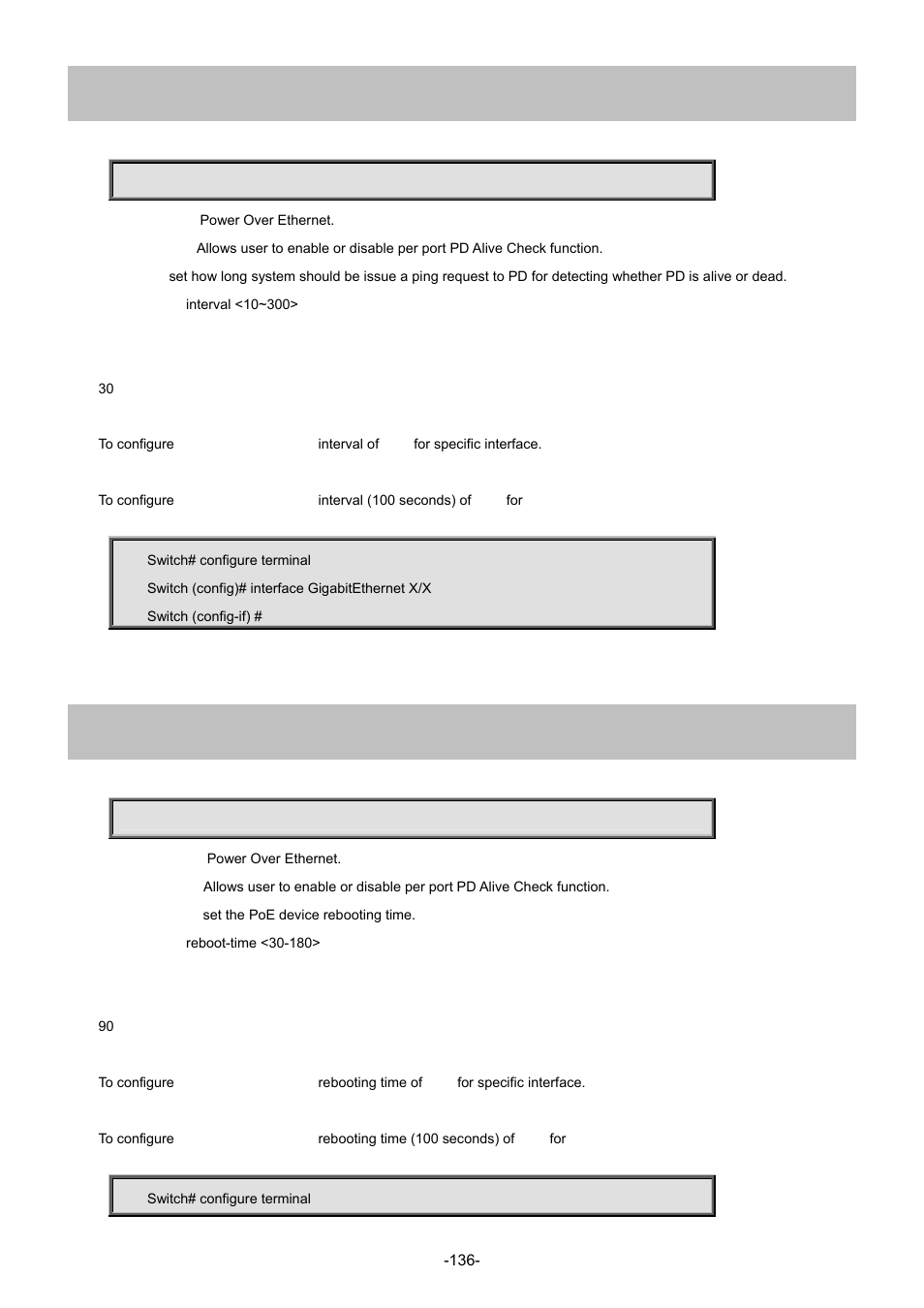 77 poe pdcheck interval, 78 poe pdcheck reboot-time | Interlogix NS4702-24P-4S-4X Command Line Guide User Manual | Page 136 / 434