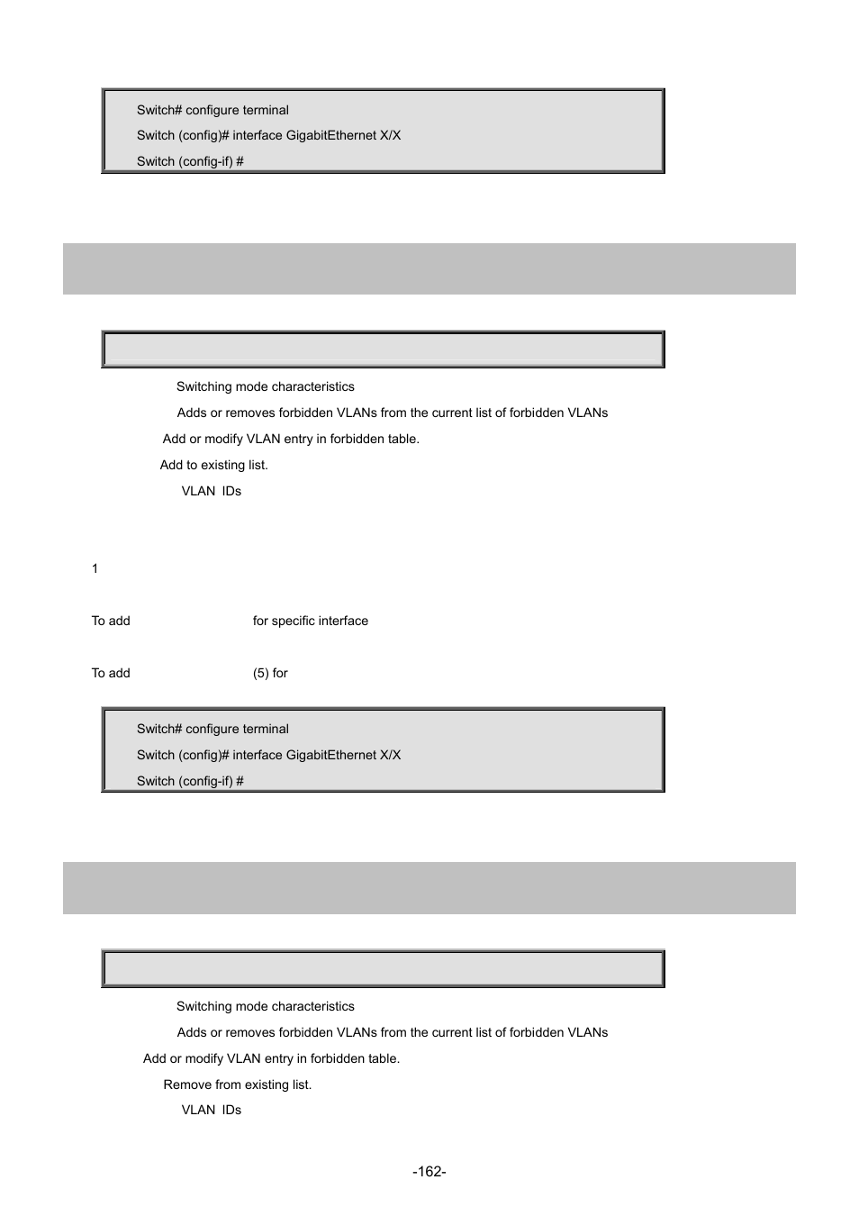 123 switchport forbidden vlan add, 124 switchport forbidden vlan remove | Interlogix NS4702-24P-4S-4X Command Line Guide User Manual | Page 162 / 434