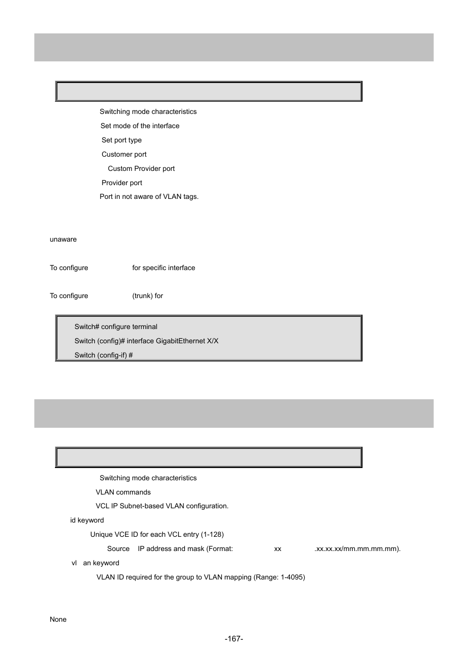 131 switchport mode, 132 switchport vlan ip-subnet | Interlogix NS4702-24P-4S-4X Command Line Guide User Manual | Page 167 / 434